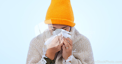 Image of Sick, virus and woman with tissue in studio, background and mockup for flu, healthcare and blowing nose. Bacteria, sinus infection and person care for wellness, medical illness or hayfever allergies