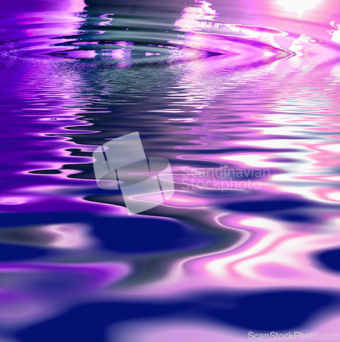 Image of CGI abstract ripple effect of liquid with pink reflection of wavy pattern and texture. Wallpaper background of fluid color spectrum. Psychedelic and cosmic art or esoteric surface.