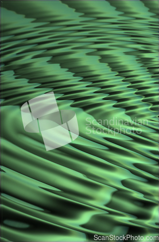 Image of Closeup of CGI green ripple effect background for computer or digital use. Glowing liquid surface with a abstract, modern pattern or texture. Digital 3D illustration or graphic of colorful water.