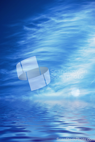 Image of Blue ocean with a cloudy sky showing light reflection on water for creative copy space background. Abstract seascape with round moon and ripple effect or wave pattern on quiet lake or peaceful puddle