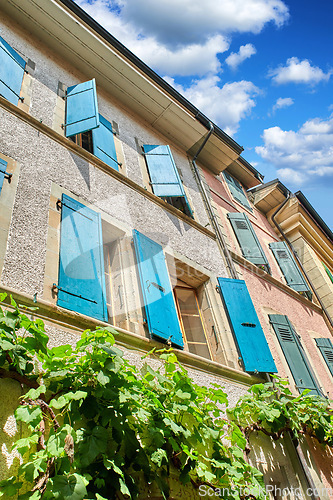 Image of The classical architecture of a tall residential building with overgrown green plants on the wall. The exterior of an old apartment block on a sunny day. Bottom view of antique city flats