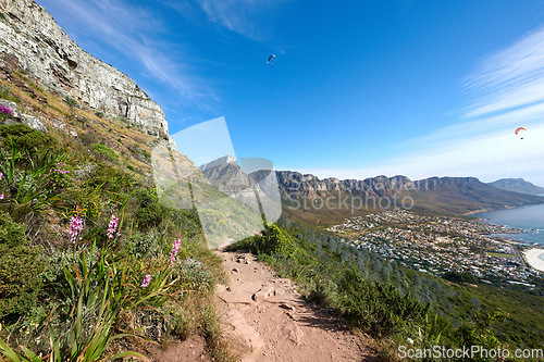 Image of Scenic hiking trail on a mountain. The twelve apostles in Cape Town, South Africa with plants against a blue sky. Relaxing view of a beautiful and rugged natural landscape to explore and travel