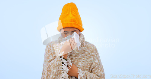 Image of Sinusitis, virus and sick woman with tissue in studio, background and blowing nose with flu or healthcare. Bacteria, sinus infection or person care for wellness, illness and hayfever allergies