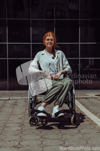 Image of In front of a modern corporate building, a young woman sitting in a wheelchair confidently, symbolizing empowerment, inclusivity, and the strength to overcome challenges in the business world