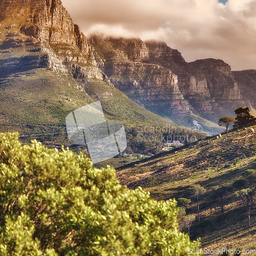 Image of Beautiful panorama of Table Mountain in Cape Town on a sunny day with copy space. Banner of a bright morning and vibrant nature in South Africa with serene harmony and peaceful landscape views