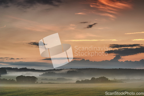 Image of Beautiful sunrise with mist against a dramatic and colorful sky background. Calm and breathtaking landscape view on a field in the countryside with blooming trees on a foggy and overcast morning