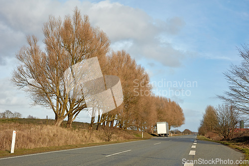 Image of Trees along a highway street with cloudy blue sky background in the countryside during autumn with copy space. Scenic landscape to admire during a road trip. Route to travel through a dry meadow