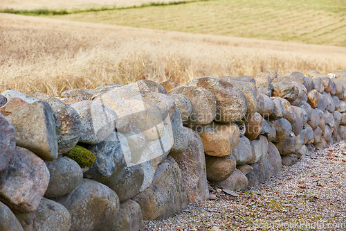 Image of An old wall made of rock on a farm outside on a sunny day, separating crops with a man made structure. Stone barrier in rural architecture design and style to keep growing produce safe and secluded