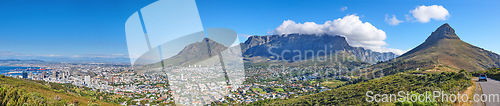 Image of Wide angle of Cape Town and mountain landscape on a sunny day. Panoramic view of a city against a blue horizon. A popular travel destination for tourists and hikers, in Lions Head, South Africa