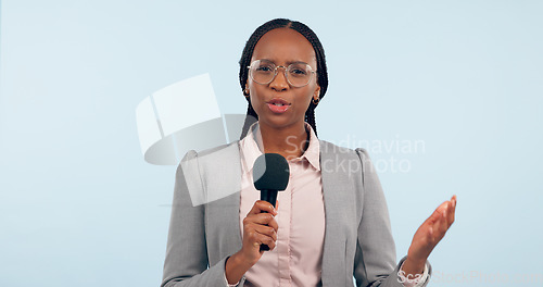 Image of News reporter woman, microphone and studio portrait for speech, presentation or info by blue background. African journalist girl, mic and presenter with talk for update, global broadcast or tv show