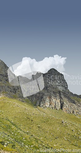 Image of Panorama of Lions Head mountain in Cape Town, South Africa during summer holiday from below. Scenic landscape view of the top of a hill on a cloudy day from a low angle. Exploring nature and the wild