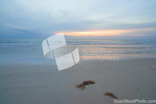 Image of Seascape and landscape of a blue sunset on the west coast of Jutland in Loekken, Denmark. Beautiful cloudscape on an empty beach at dusk. Clouds over the ocean and sea in the evening with copyspace