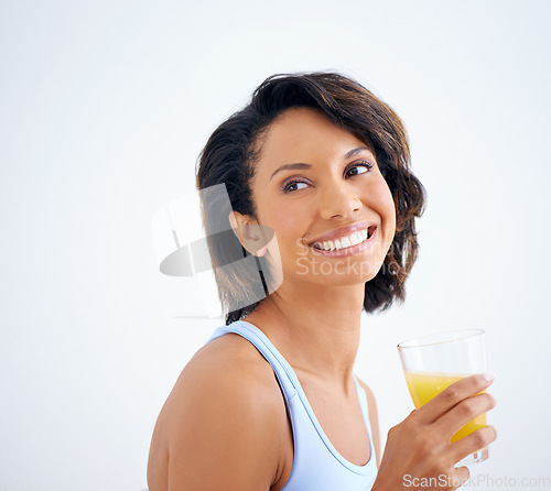 Image of Orange juice, glass or smile on woman by health fruit drink, nutrition or vitamin c benefits in studio mockup. Brazil nutritionist, vegan wellness and glow skin in detox, fitness or white background