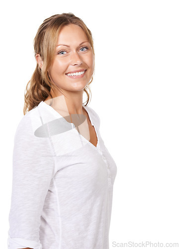 Image of Portrait, woman and smile with beauty, confidence and lady isolated on a studio white background. Face, girl and model with casual outfit, mockup space and happiness with peace, Canada and cheerful