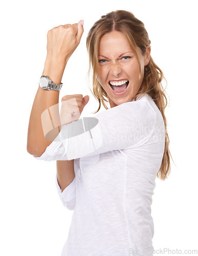 Image of Happy, celebration and woman flexing in studio for arm muscles, empowerment or winning gesture. Smile, excited and portrait of female person from Canada with confident expression by white background.