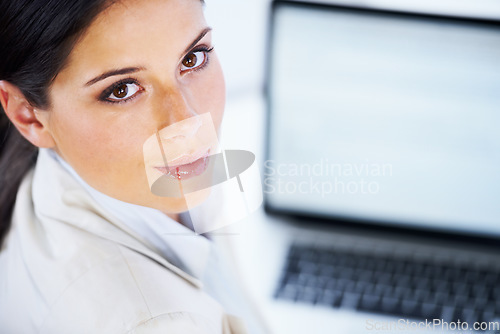 Image of Business woman, portrait and computer screen for website, social media and copywriting with office research. Face of professional writer or editor with laptop mockup or space for blog or information