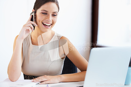 Image of Happy woman, phone and document with laptop in office by looking at screen for email with internet. Female consultant, smile and excited with report, result or news in sales for global company growth