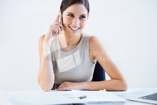 Image of Paperwork, documents or happy woman on a phone call in office for communication or Human Resources. Negotiation, cv or portfolio for recruitment of hr worker with about us, faq or we are hiring offer