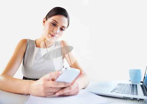 Image of Office, social media or businesswoman on a phone for reading data, news update or mobile app report. Laptop, paperwork documents or worker on website to research or chat on blog on break to relax