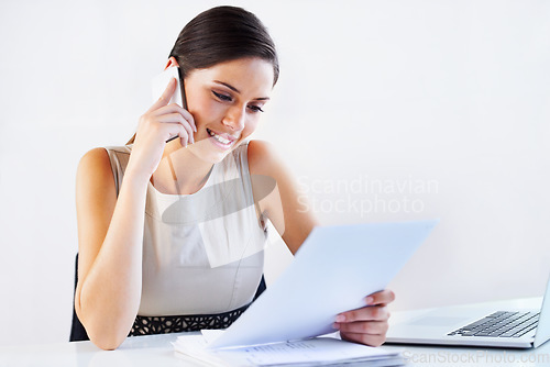 Image of Paperwork, consulting and manager on a phone call in office for communication or Human Resources. Negotiation, woman or portfolio for recruitment of hr worker talking or speaking of documents or CV