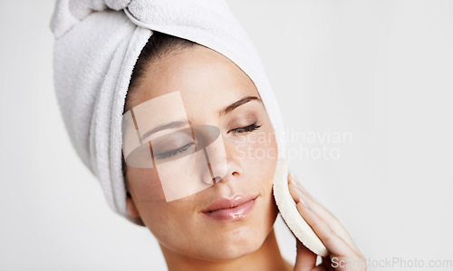 Image of Woman, face and cotton pad for beauty or skincare, exfoliating and cosmetics or treatment. Female model person, relax and facial or self care, wellness and white background in studio or mockup