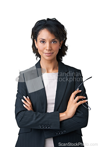 Image of Businesswoman, arms crossed and portrait in studio as confident financial manager or professional career clothes, proud or style. Black person, face and employee as mockup, white background for smile