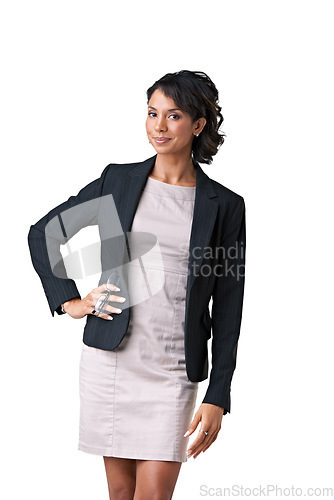 Image of Business, woman or portrait in studio confidence as financial manager professional career clothes, proud or style. Female person, face or employee fashion mindset, mockup isolated on white background