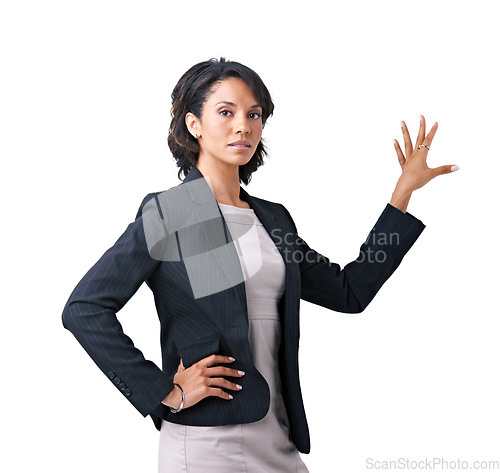 Image of Business, woman and presentation hand portrait in studio for professional work, corporate information in formal fashion. Black person, face and arm for project confidence, mockup on white background