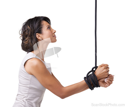 Image of Woman, business and hands for tied up with rope on white background, studio or mock up in corporate slavery. Person, hostage or prisoner for kidnapping, silence or fear of whistleblower in New York