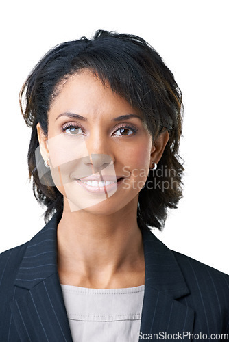 Image of Portrait, happy woman and smile for business in studio for mock up on white background in New York. Black person, professional or consultant in finance with modern look for corporate fashion in space