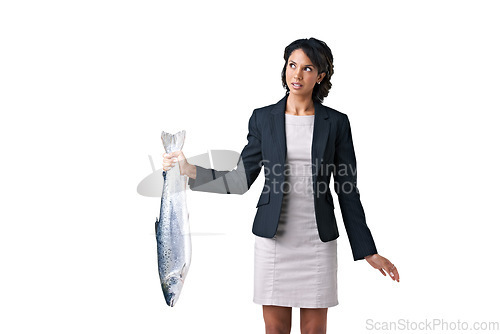 Image of Woman, business and bad work deal or stink task offer for corrupt crime, company fraud or job scam. Upset person, dead fish and disgust smell for proposal in studio, mockup space on white background