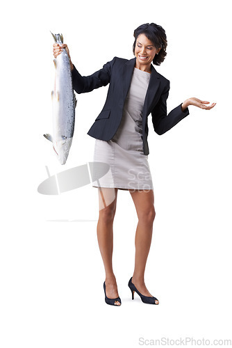 Image of Shrug, business and a woman with a fish on a white background for marine biology. Doubt, confused and an employee with food from fishing with expression for question, crazy or worry about a mess