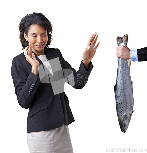 Image of Woman, business or bribery reject or corporate dirty work, fish or offer disgust corruption crime. Black person, hand or steal opportunity refuse or stink task as mockup, white background in studio