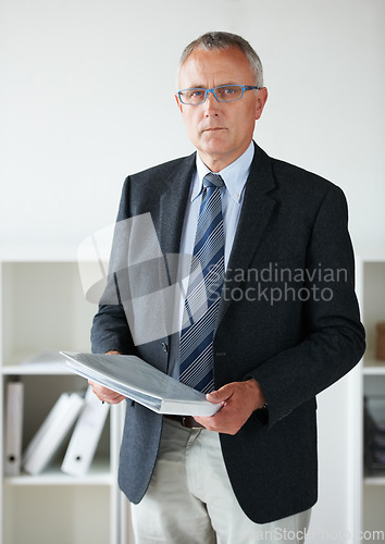 Image of Businessman, expert or portrait documents in office for company contract, report information or confidential file. Male person, face and paperwork folder for corporate agreement, decision or project