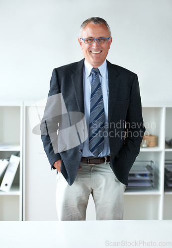 Image of Man, ceo and smile in portrait, office and pride or confidence, success and positive for business. Mature male person, happy and face of corporate executive, employer and future growth in company