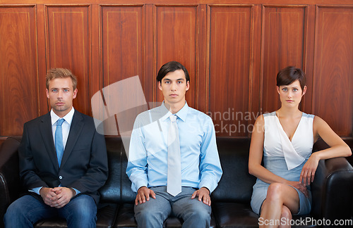 Image of People, recruitment and job hiring in lobby, opportunity and position for career. Candidates, portrait and confident for interview, human resources and waiting on couch, corporate and serious on sofa