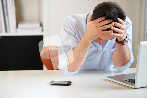 Image of Business man, laptop and sad with crisis, stress and financial depression with mistake, budget or bad news. Accountant, computer and fail with anxiety, thinking and fear for debt, bankrupt and worry