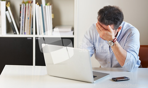 Image of Business man, laptop and stress headache for fail, financial depression or mistake on budget with bad news. Accountant, computer and anxiety for crisis, glitch or fear for debt, bankruptcy or burnout