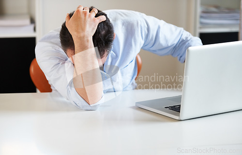 Image of Business man, laptop and frustrated with fail, stress and financial depression with mistake or bad news. Accountant, computer and crisis with anxiety, thinking and fear for debt, bankruptcy or worry