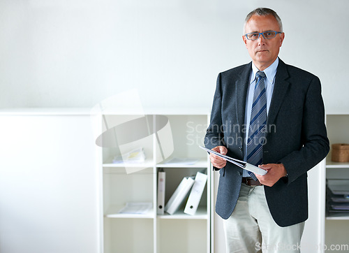 Image of Portrait, documents and a serious senior man in an office as the CEO of a corporate company. Business, leadership and a confident manager in a professional workplace for planning or strategy