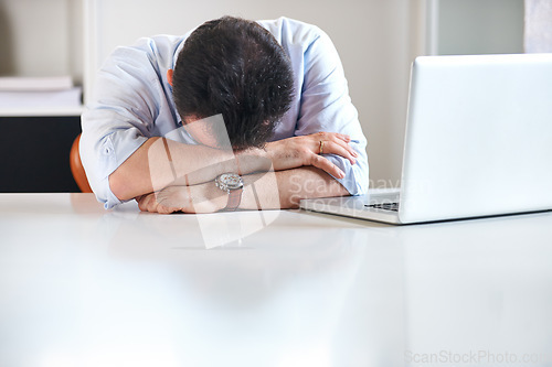 Image of Business man, laptop and depression for fail, stress and financial recession with mistake, budget and bad news. Accountant, pc and crisis with anxiety, scared and fear for debt, bankruptcy and worry