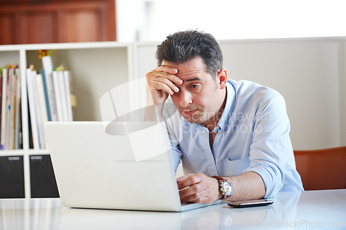 Image of Businessman, laptop and stress or anxiety at office, email and online research on technology. Mature man, frustrated and crisis on digital, problem and issues or glitch, 404 error and connection fail