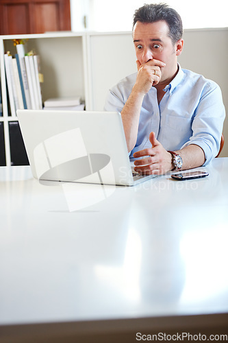 Image of Business man, laptop and stress with shock, fail or financial depression for mistake, budget or bad news. Accountant, computer and crisis with anxiety, thinking and fear for debt, bankruptcy and wow