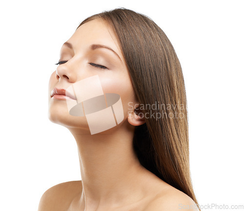 Image of Haircare, beauty or woman for dye or keratin treatment, healthy long hair and studio mockup. Model, france and spa for hairsalon with conditioner results, cosmetic and skin glow by white background