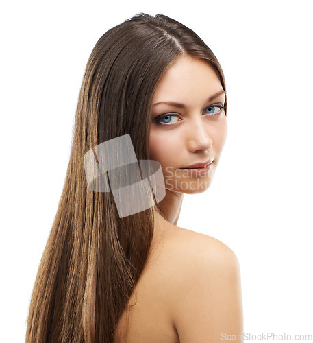 Image of Hair, beauty portrait and woman for shampoo results or keratin treatment, long healthy brunette and studio mockup. France model, glow face or cosmetic, self care body or wellness by white background