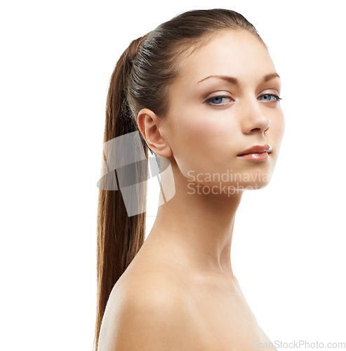 Image of Model, hair and portrait of woman isolated in studio with salon hairstyle, confidence and beauty. Haircare, natural keratin cosmetics and face of girl with healthy style growth on white background.