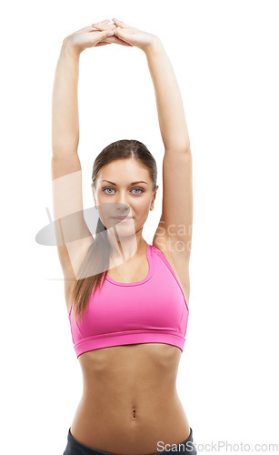 Image of Fitness, stretching and portrait of woman on a white background for gym workout, exercise and training. Yoga, performance and isolated person warm up for sports, wellness and healthy body in studio