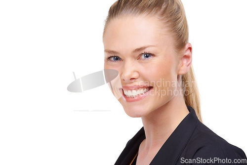 Image of Portrait, smile and space with a business woman in studio isolated on a white background for work. Face, mockup and a happy young corporate employee looking confident as a professional in her career