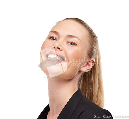 Image of Portrait, smile and confidence with a business woman in studio isolated on a white background for work. Face, management and a happy human resources employee looking confident as a professional