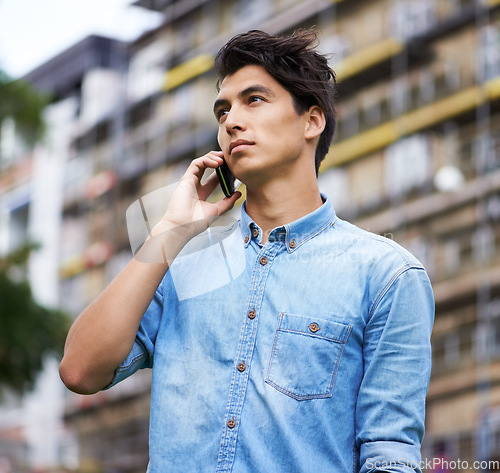 Image of Man, phone call and communication in city outdoors, contact and networking or conversation on mobile. Filipino male person, technology and discussion or chatting, talk and smartphone or urban town